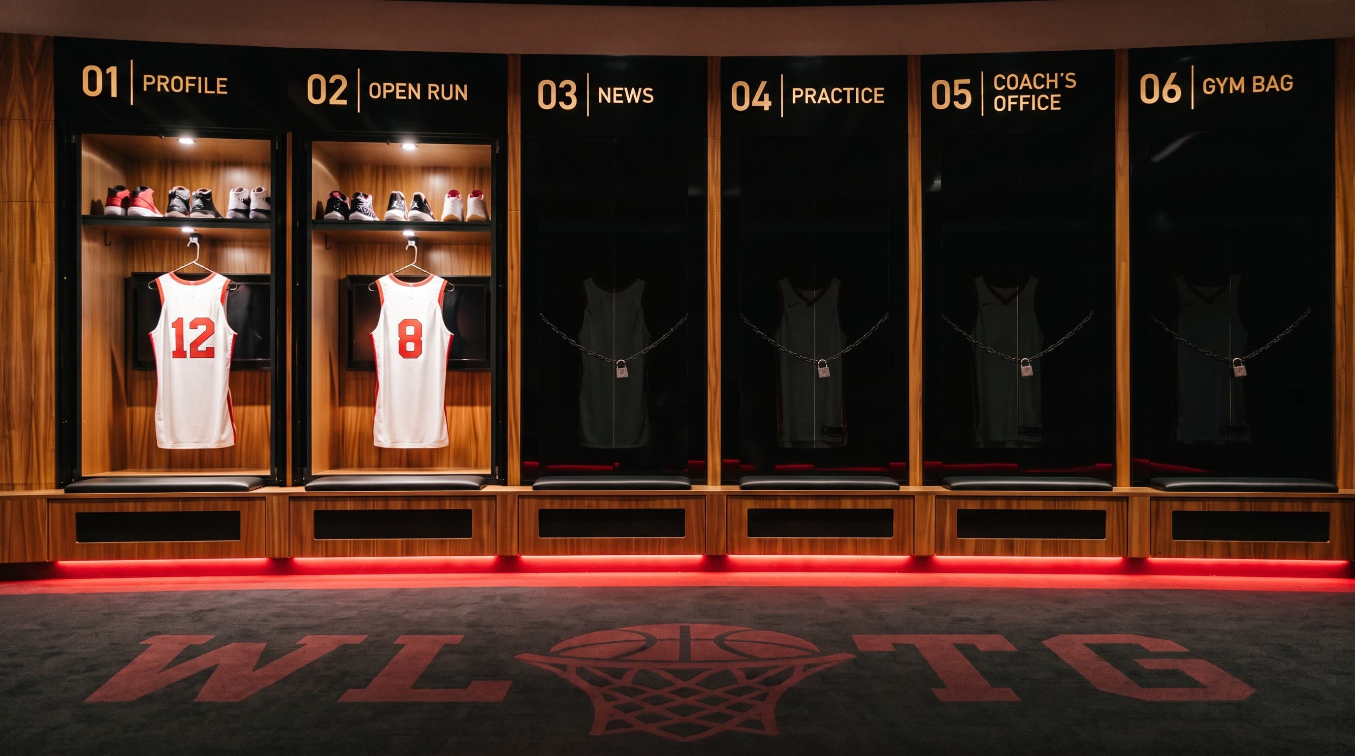 The Locker Room — six wooden stalls under gallery light