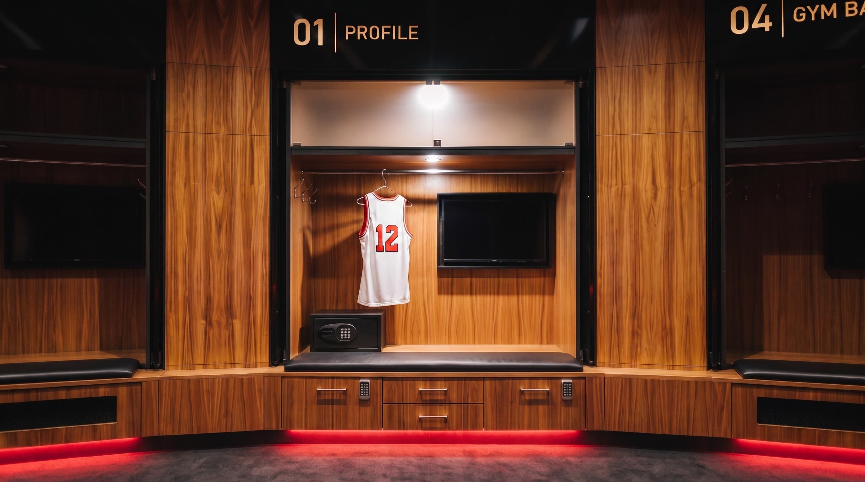 Inside your locker stall — warm wood, a jersey, a screen and the drawers
